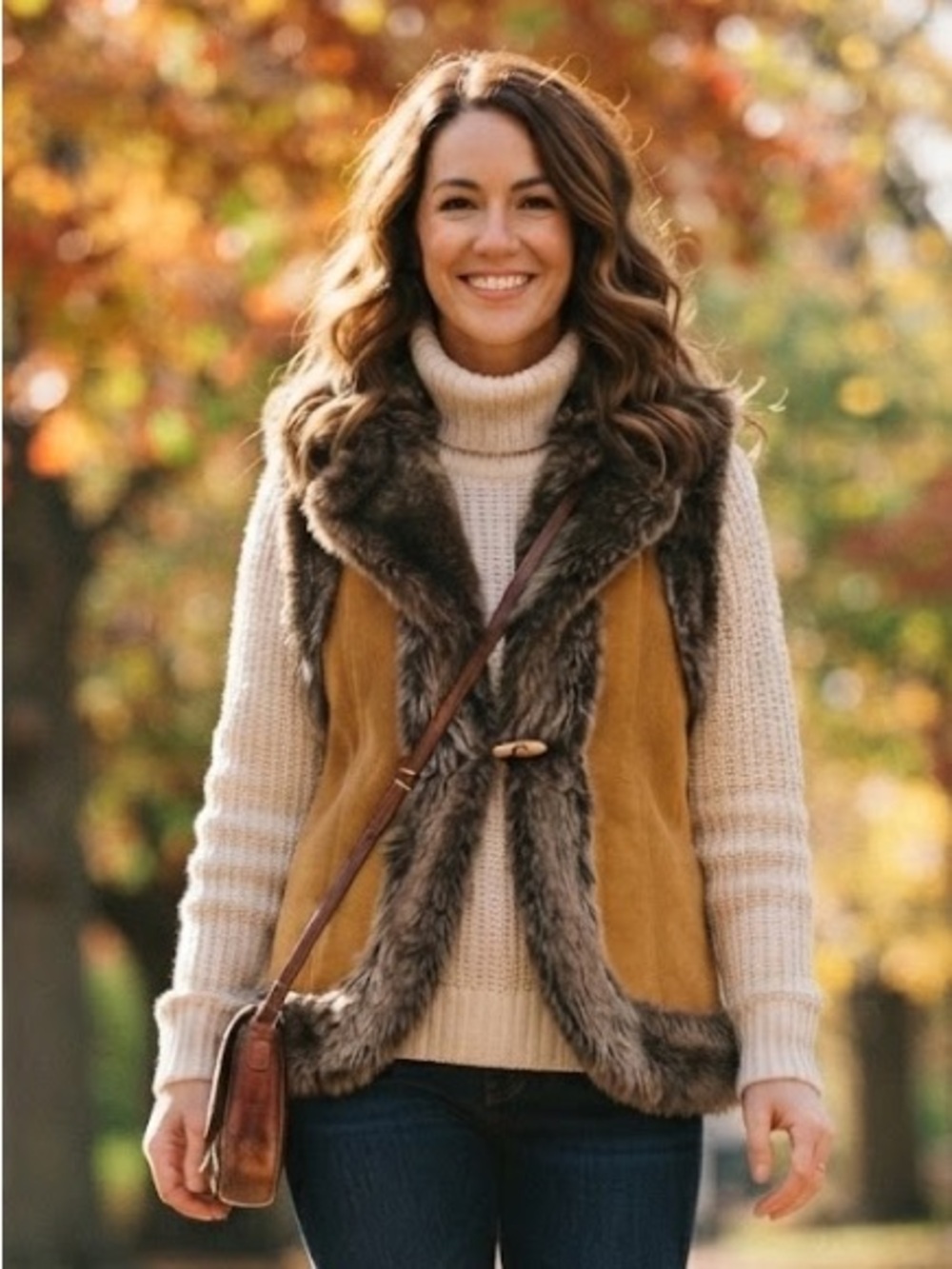 JMichaels Vintage Leather Suede Faux Fur-Trim Vest - #